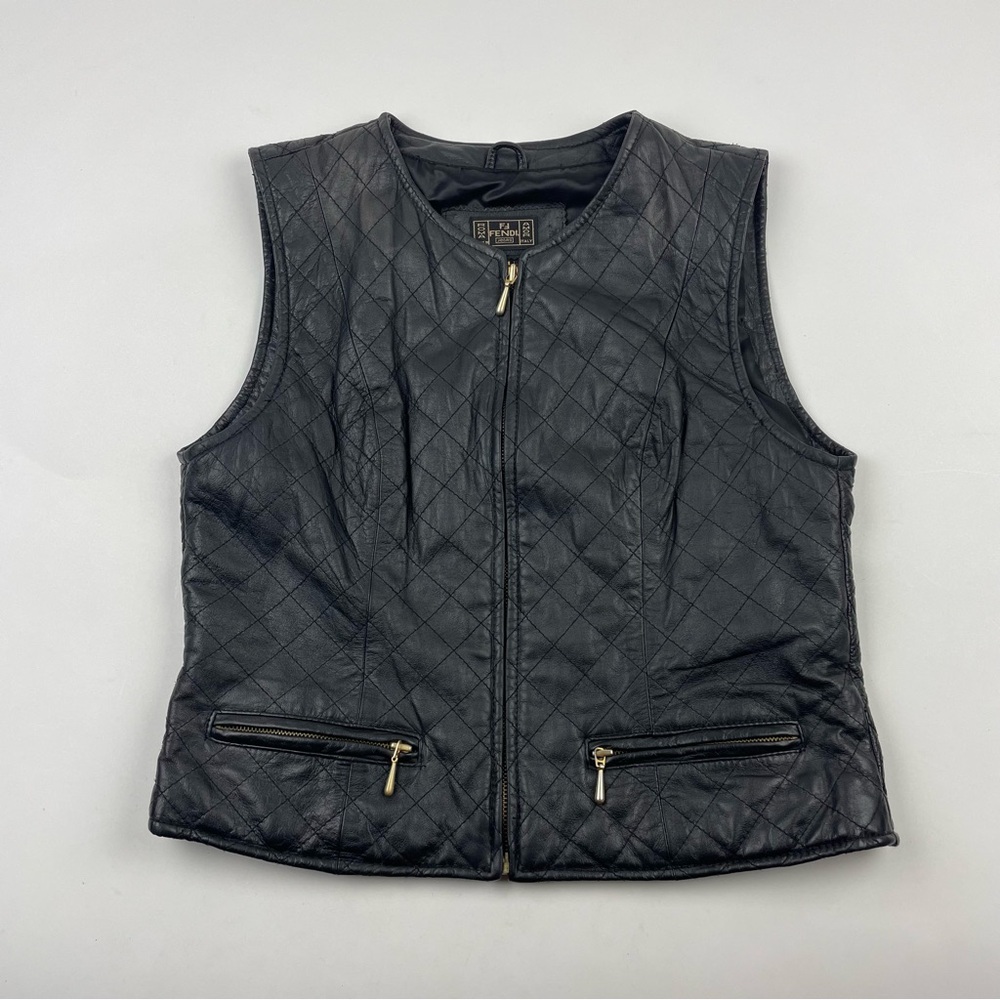 Vintage Fendi Women’s Quilted Genuine Leather Vest Size Large Full Zip Lined